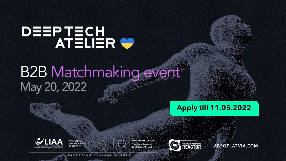 LIAALatvija's tweet photo. Vēl tikai 3 dienas! Reģistrējies #deeptechatelier2022 B2B Matchmaking - pārbaudi sava produkta starptautisko potenciālu, atrodi partnerus, piesaisti finansējumu!
https://t.co/141xtkC0lj https://t.co/75Yk5hLHXg