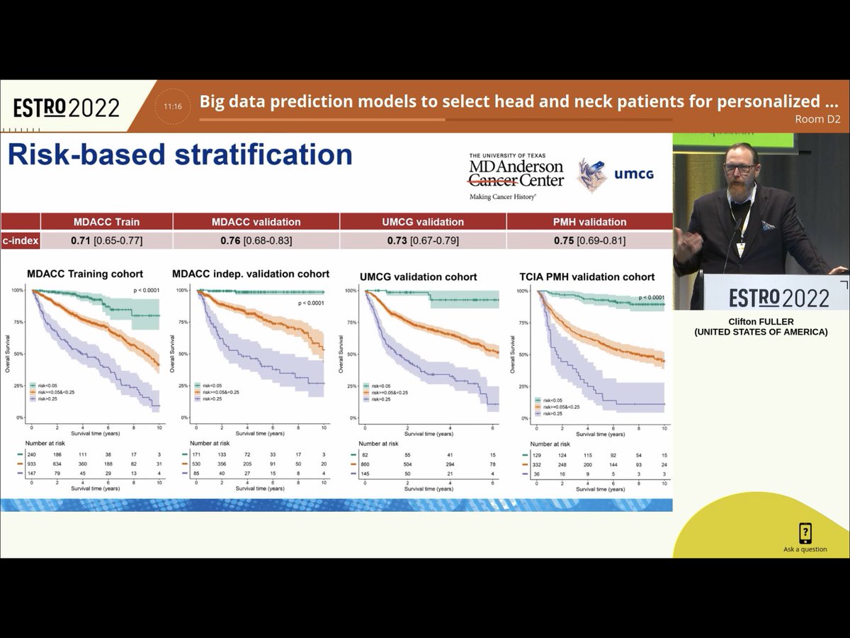 shalinivinod13's tweet photo. ⁦@cd_fuller⁩ presents on predictive model development &amp; validation for prognostic risk stratification in HNC. Great user interface ➡️personalised prediction for #RadOnc to discuss with their patients.  How will this be translated into practice? ⁦@ESTRO_RT⁩ #ESTRO2022 https://t.co/KPTL6qpLhd