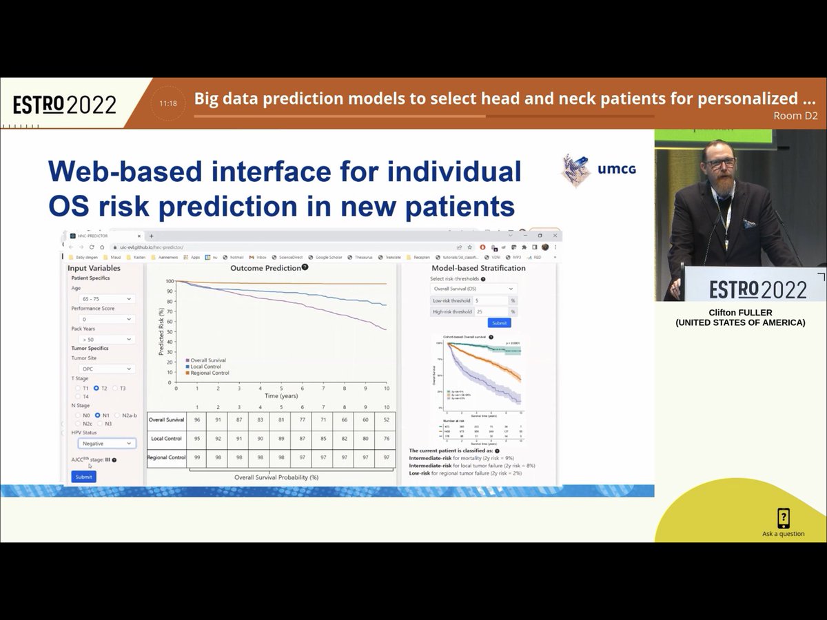 shalinivinod13's tweet photo. ⁦@cd_fuller⁩ presents on predictive model development &amp; validation for prognostic risk stratification in HNC. Great user interface ➡️personalised prediction for #RadOnc to discuss with their patients.  How will this be translated into practice? ⁦@ESTRO_RT⁩ #ESTRO2022 https://t.co/KPTL6qpLhd