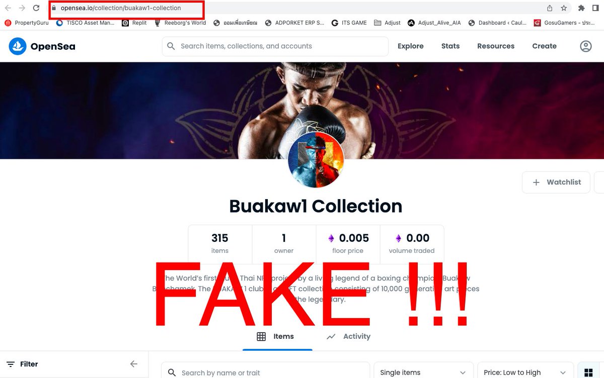 🚨 บัวขาวตัวปลอม บน Opensea แบบเหมือนเปี๊ยบบบบบ
ฝากเพื่อนๆ ระมัดระวังกันด้วย

รบกวนเพื่อนช่วยปล่อยหมัด report 
ใส่ตัวปลอมกันด้วยนะครับ🥊
========

Scam Alert !!!

Found scam of Buakaw1 project on Opensea
Pls, be aware of this...

Punching the report button TOG to this scammer. 🥊