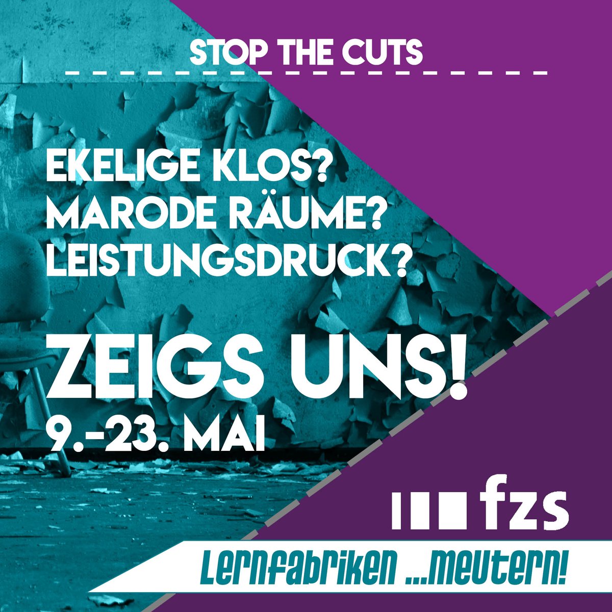 📣 Aufruf zur online Aktion 🔥
Plz RT
📌 9. - 23. Mai 2022

Lasst uns gemeinsam die Bildungskrise sichtbar machen

📸 Zeigt uns mit Bildern/ Videos/ Plakaten über eure Social-Media Accounts, was falsch läuft im Bildungswesen. 
#Bildungskrise #stopthecuts

lernfabriken-meutern.de/aktionsaufrug-…