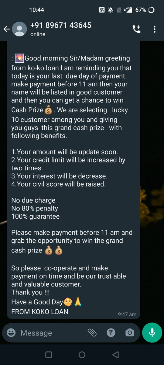 Raj92937823's tweet photo. Never installed this app koko loan in my mobile. Some fraudsters texted me for repayment. Can we expect help from anyone to solve this issues. @cyberabadpolice @Cyberdost @tnpoliceoffl @CPMumbaiPolice @Navimumpolice @MumbaiPolice https://t.co/Ku2jcmpbnz