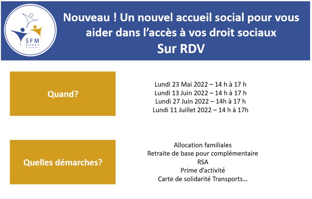 SfmClichy's tweet photo. Nouveau chez SFM Clichy ! Nous accueillons désormais les lundis tous les 15 jours une Gestionnaire d'Offre de Services (GOS) pour amplifier notre service d'accès aux droits.
#clichy #association #ecrivainpublic https://t.co/WUOGd5RzJi