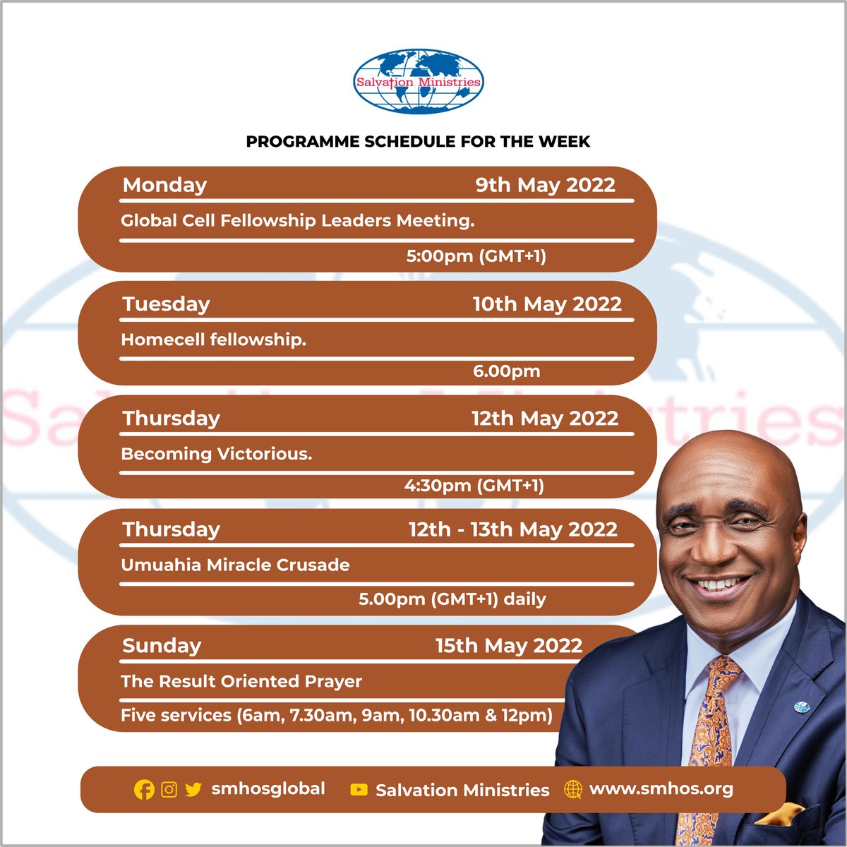 gospelhotspot0's tweet photo. Are you planning on catching a service with Pastor David Ibiyeomie this week?
Here’s the programme schedule at Salvation Ministries for the week. Remain blessed!
#SalvationMinistries
#DavidIbiyeomie #ProgrammeSchedule #WeeklyService #OneSound #onesoundrevivaltv #unity https://t.co/yht0CpAB8Z