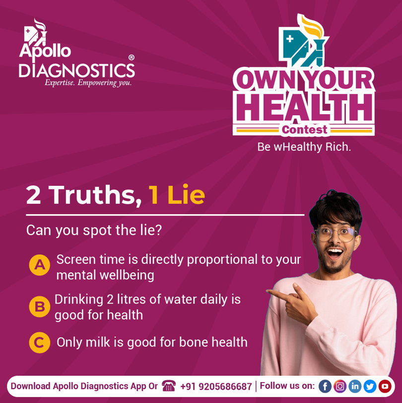 apollodiag's tweet photo. Answer correctly in comments and stand a chance to win prizes based on your health choices.#ApolloDiagnosticsContest to win exciting prizes.
Contest TnCs: https://t.co/cPTCmqGNVy
#OwnYourHealth #HealthisWealth #ContestAlert #DiagnoseWithApollo #SafeWithApollo #ApolloDiagnositcs https://t.co/HgsI7pelwi