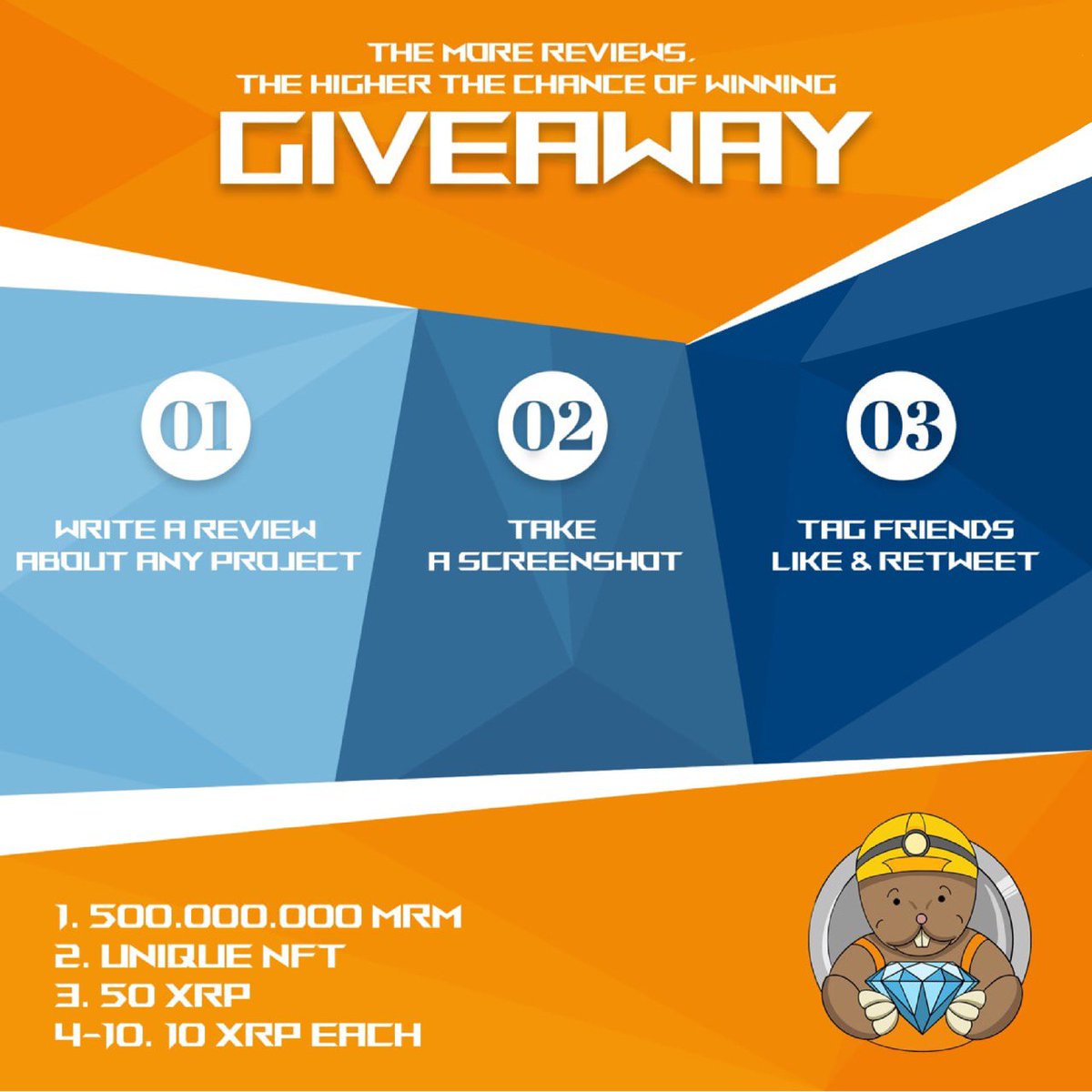 mrmolecoin's tweet photo. ⚡️ Big Giveaway ⚡️
1. Write a review about any project
2. Take a screenshot
3. Tag friends, Like &amp; RT

🚀🚀🚀🚀🚀

1) 500.000.000 MRM
2) Unique NFT
3) 50 XRP
4-10) 10 XRP each

Announcement of the winners on May 15

https://t.co/7FUyQG4tlu https://t.co/JkUaubnHcr