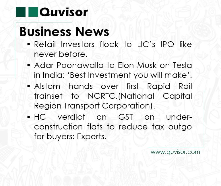 quvisorglobal's tweet photo. Business News updates : May 09, 2022
#Business #startups #success #marketing #businessowner #smallbusiness #digitalmarketing #India #licipo #adarpoonawalla #elonmusk #teslainindia #alstom #rapidrail #ncrtc #gstonunderconstruction https://t.co/P0BBJRYkXX