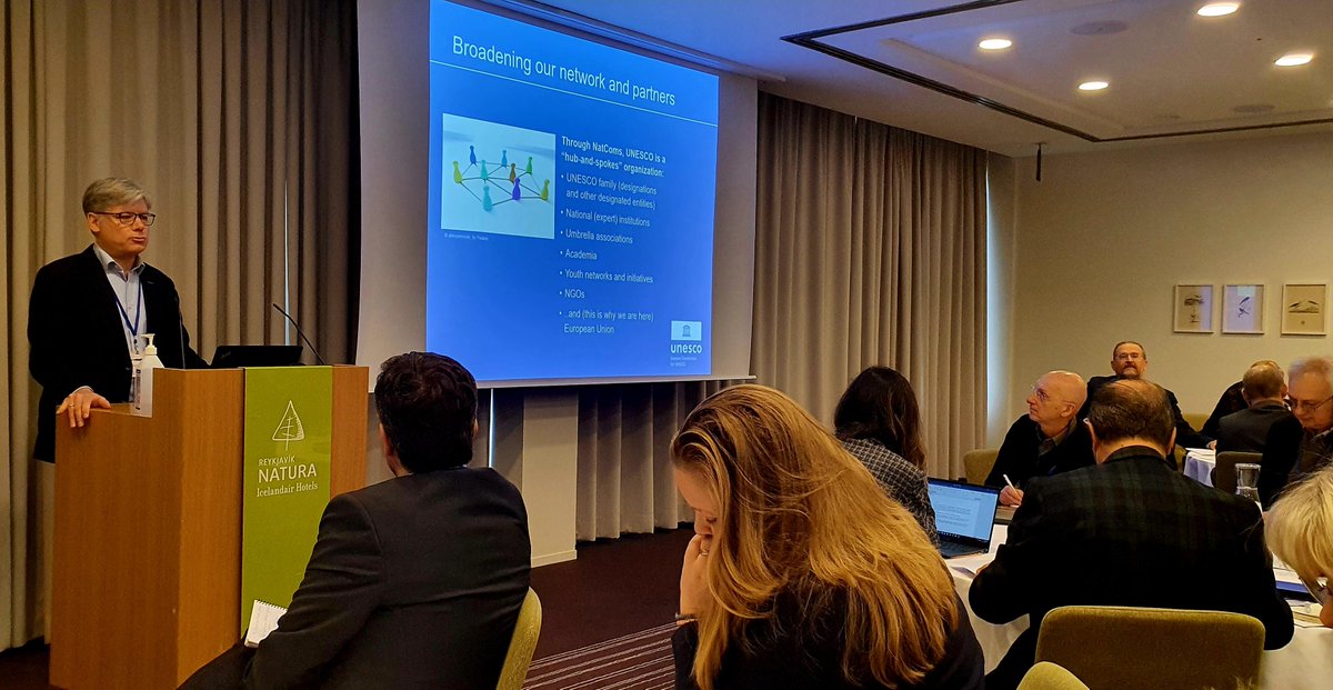 moellerl's tweet photo. Roman Luckscheiter, Secretary-General of @unesco_de presents the German Commission's plans for supporting Ukrainian refugee students and artists through the Commission acting for @UNESCO as a hub-and-spokes organization, at European #NationalCommissions for @UNESCO meeting in 🇮🇸. https://t.co/0UbwRcViGr