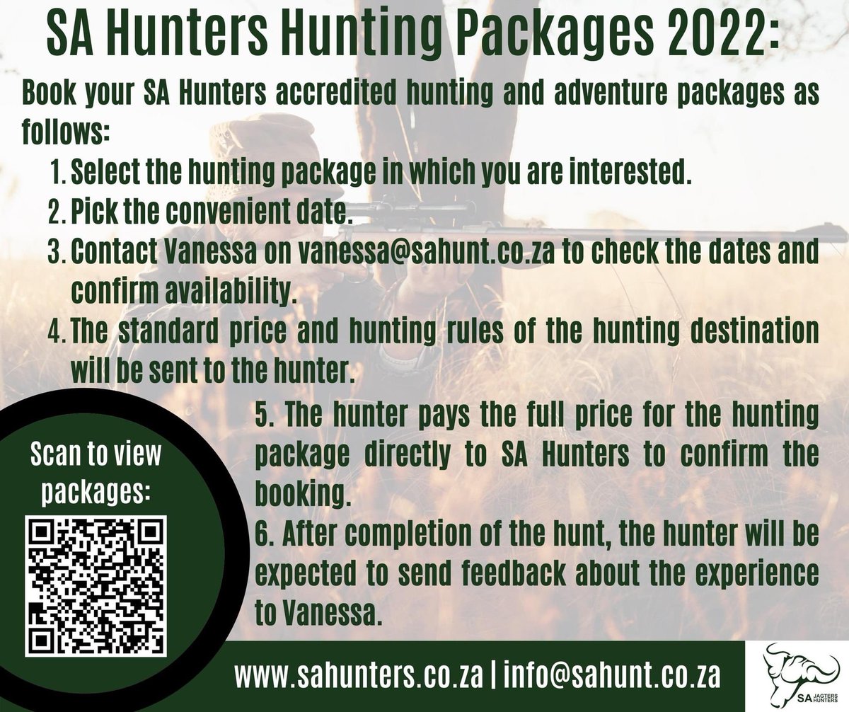 SAJagters's tweet photo. We are offering 42 accredited hunting packages at reasonable prices to members., made available by the Association’s own members and subject to the SA Hunters hunting code. View the packages here: https://t.co/fkVmzBEGgh
#SAHunters #Hunting #HuntingSeason #SAJagters https://t.co/TABX7tTfRP