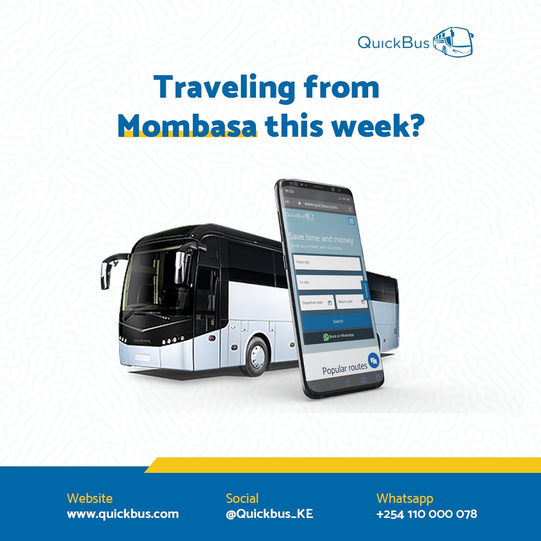 Safe, comfortable buses available for booking at the best prices from Mombasa to Nairobi, Voi, Tunyai, Ishiara, Kathwana and other parts of Kenya.

quickbus.com to book now.