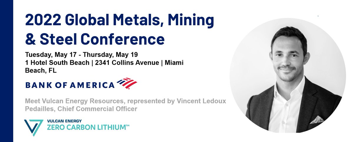 I will be participating and speaking at the next <a href="/BankofAmerica/">Bank of America</a> Global Metals and Mining conference in Miami next week. Feel free to reach out if you want to catch up there and hear about the latest developments at <a href="/VulcanEnergyRes/">Vulcan Energy</a>