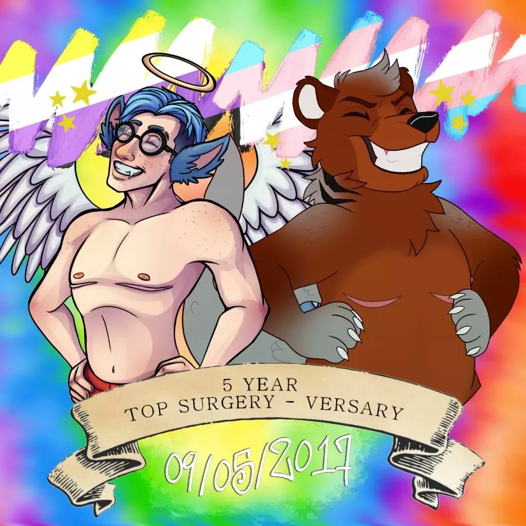 spaceacepupper's tweet photo. five years today i was able to complete the first stage of my nonbinary journey and i honestly have never been happier. i just wanted to celebrate this very important milestone, especially now i have a second journey ahead of me.
🐻🎨: @fraankieck
😇🎨: @RafiDelly https://t.co/FxQiuy0E7v