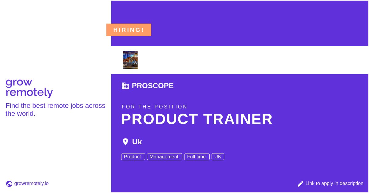 growremotelyio's tweet image. Check out this job at ProScope for the position Product Trainer.

 Apply link: growremotely.io/?id=62785c63d3…

#hiring #remotejobs #ProScope #ProductManagement
