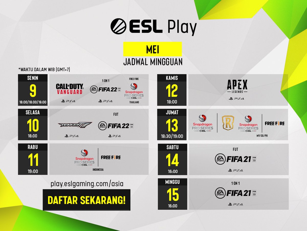 ESLIndonesia's tweet photo. Yuhuuu, setelah melewati libur lebaran yang cukup panjang, bagaimana kalau kita memulai hari senin ini dengan bermain dan berkompetisi di #ESLPlay 👑 ? 

Informasi lebih lanjut bisa langsung ke 👉 https://t.co/hYYI03EISN
#ESLIndonesia https://t.co/vcb27ubgw0