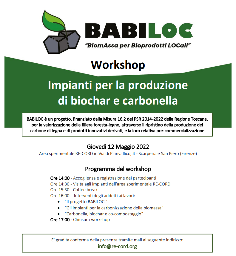 recordbioenergy's tweet photo. Giovedì prossimo 12 maggio presso l'area sperimentale RE-CORD di Pianvallico si terrà il workshop "Impianti per la produzione di #biochar e #carbonella" organizzato nell'ambito del BABILOC (BiomAssa per BIoprodotti LOCali). 
Per informazioni ed iscrizioni 👉info@re-cord.org https://t.co/6qEO3HsIm5