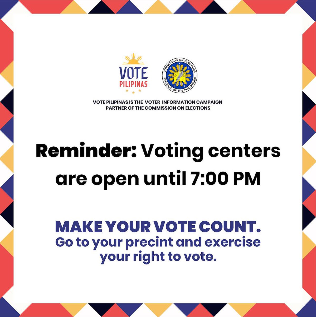 VotePilipinas's tweet photo. Tapos ka na bang bumoto? 🗳 

Voting centers are open until 7PM. You still have another hour to cast your ballot. Make it count!

#halalan2022 https://t.co/tZem3VBSyy