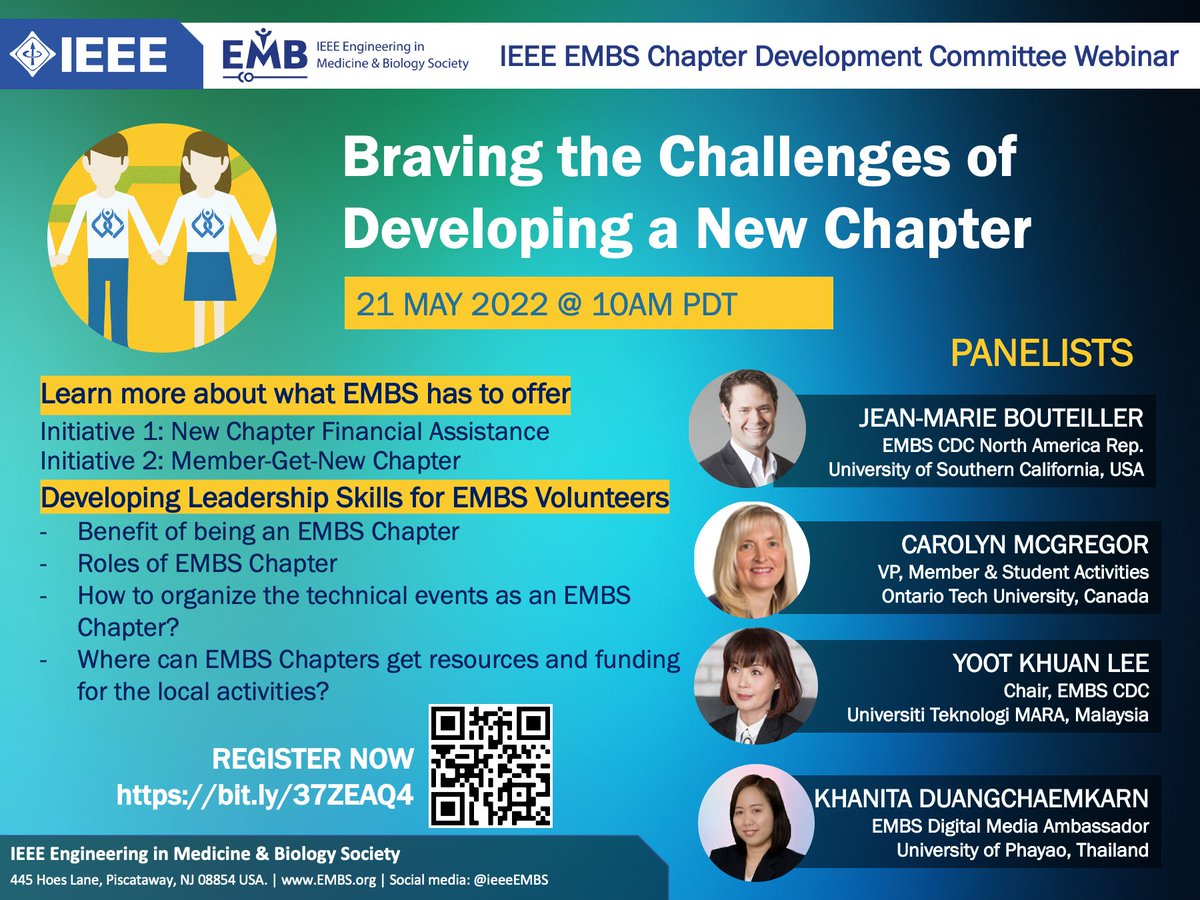 IEEEembs's tweet photo. Join #EMBSCDC webinar series: "Braving the challenges of developing a new chapter" on 21 MAY 2022 at 10AM PDT (1PM EST). Free registration at https://t.co/KD4EvGaf0o https://t.co/tY53bw5VNX