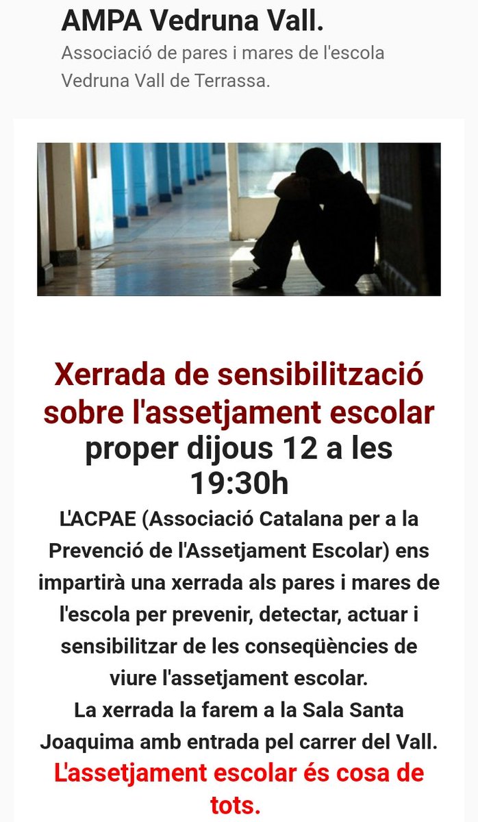 afavedrunavall's tweet photo. Xerrada de sensibilització sobre l'assetjament escolar al @vedrunavall
Dijous 12 de maig
Hora 19.30 h.
L' @AcpaeC ens ensenyarà a prevenir, detectar, actuar i sensibilitzar de les conseqüències de viure l'assetjament escolar. https://t.co/FFeZQTVl8v