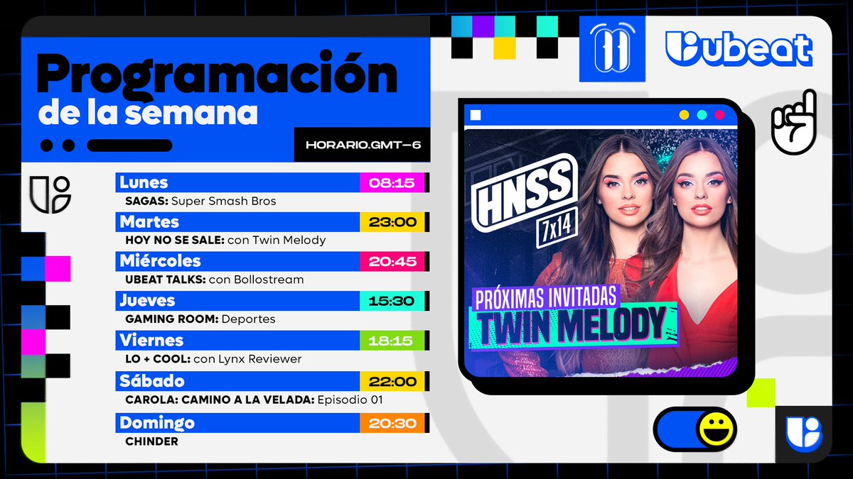 UBEAT's tweet photo. 🗓 Lo más destacado de la semana en la TV: las @twin_melody visitan @HoyNoSeSale, Camino a La Velada, #EnDosPalabras, #Chinder y mucho más. 🙌
📺 En @MovistarPlus, @OrangeTV_es, @telecable_AS, @euskaltel, @os_de_R y @tvplayer_es. https://t.co/PUaHgSYvVP