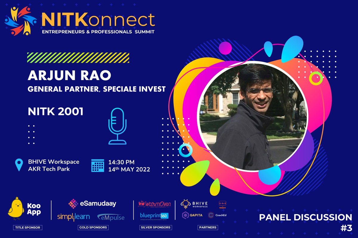 PrabhuKeDarshan's tweet photo. Meet Arjun Rao (@raodyboy ), Founding GP at @SpecialeInvest, at #NITKonnect 2022 in the #InvestorPanel and during the #Networking sessions.
Register for NITKonnect 2022 here: https://t.co/023kraq7MQ https://t.co/1X91ZDXQ67