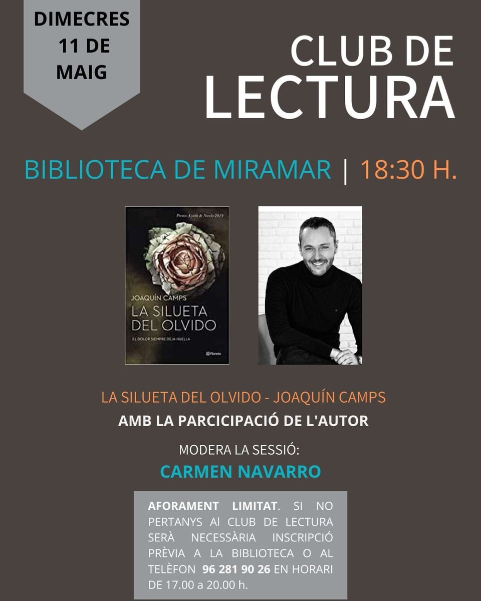Después de mucho tiempo, por fin podemos juntarnos para hablar de libros.Este miércoles a las 18.30h. en la biblioteca de Miramar, club de lectura sobre "La silueta del olvido". Único requisito para venir: haberse leído la novela...más que nada porque haremos muuuuchos spoilers😉