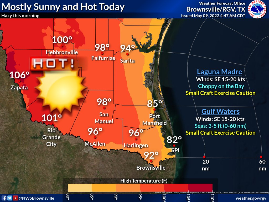 NWSBrownsville's tweet photo. An upper level ridge of high pressure across northeast Mexico and south Texas will continue to provide hot and dry conditions across deep south Texas today. #rgv #rgvwx #txwx https://t.co/VhEPvX0OmI