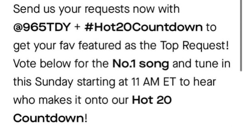 CamilaOnRadio's tweet photo. Itโs a new week to vote Bam Bam for #Hot20Countdown on @965TDY
Follow the directions on the attached photos https://t.co/0MagRRP0bO
