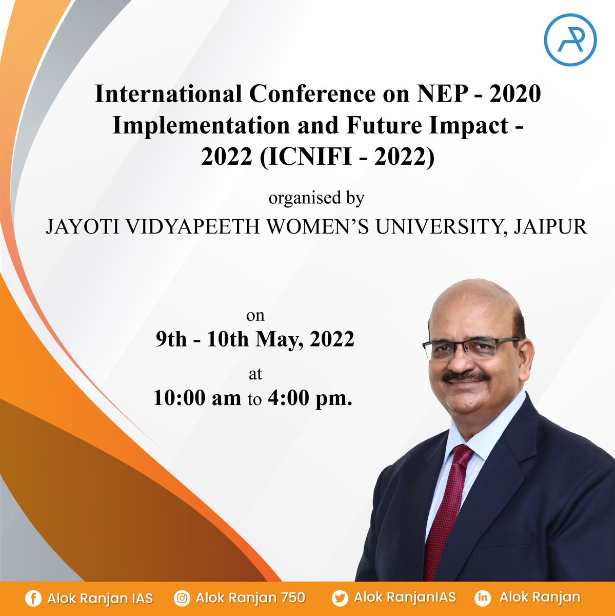 Join me and other intellectual experts in the International Conference on NEP -2020 Implementation and Future Impact 2022 (ICNIFI-2022) at the Jyoti Vidyapeeth Women's University, Jaipur. 
#internationalconference #nep #icnifi2022 #futureimpact #policyimplementation #onlineevent