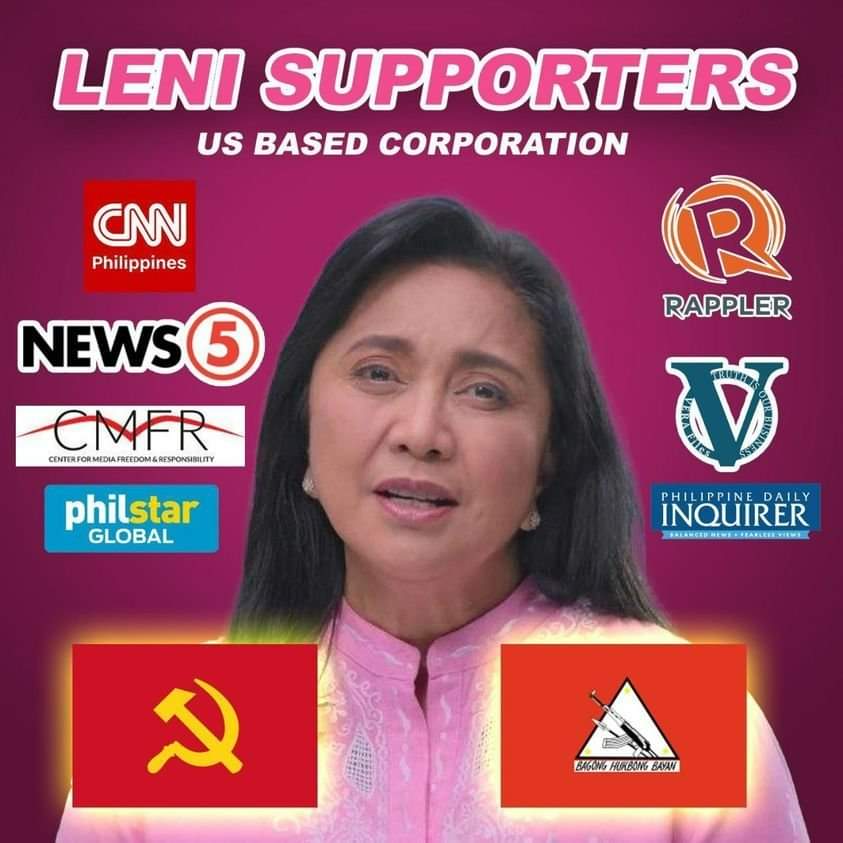 YssaTiu's tweet photo. Rappler, CNN, NEWS5, Center for Media Freedom and Responsibility (CMFR), philstar GLOBAL, Vera Files, Philippine Daily Inquirer, Communist Party of the Philippines (CPP), New People’s Army (NPA), at National Democratic Front (NDF). Ito ang mga sumusuporta sa kandidatura ni Leni https://t.co/lyLgT1rI9T