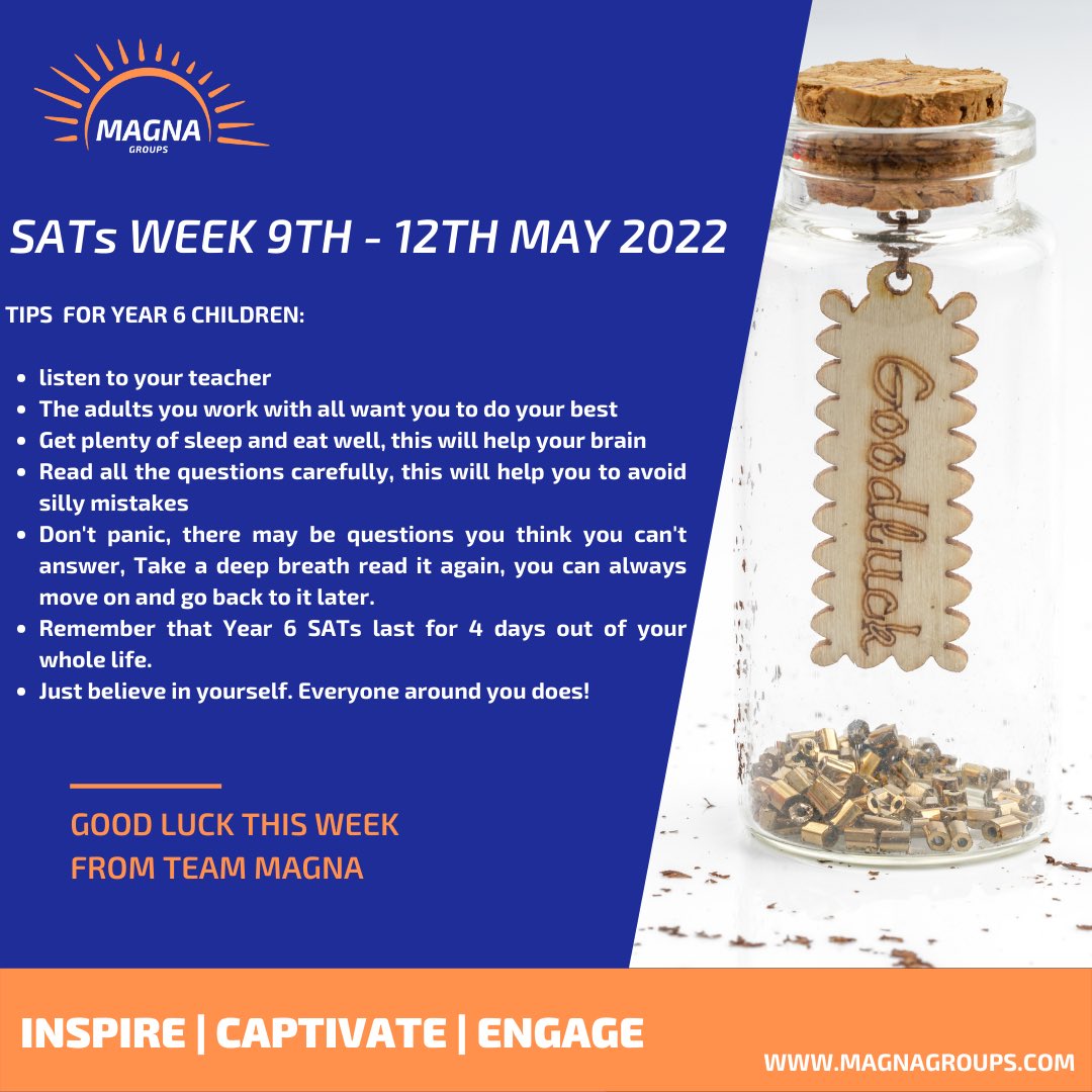 MagnaGroupsUK's tweet photo. Good Luck to ALL YEAR 6s for #SATsWeek 

#SATs @StGregorysSch @RoxbourneHarrow @wealdrisepsch @ElmGrovePrimary @heberschool @SJSCPrimary @HW_Junior @StTeresasHarrow @GrangeHarrow @KenmoreParkJnr @EarlsmeadSchool @primary https://t.co/yR5hTbQCT4