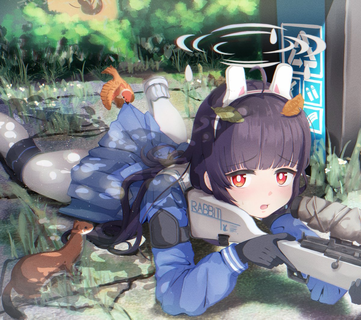 miyu (blue archive) 1girl weapon gun on stomach rifle lying leaf on head  illustration images