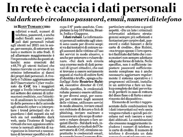 infocamere's tweet photo. 🕵️ L'attacco dei cyberpirati

🗞️ "In rete è caccia ai dati personali" @RoxyTomas su @ItaliaOggi 

#DarkWeb #CyberSecurity @sonoclaudio @Cloud_CIO_ @aldoceccarelli @informapirata @SofiaSZM @Irishsara1980 @franzrusso @SabryMaz https://t.co/y2OB1pzfeZ