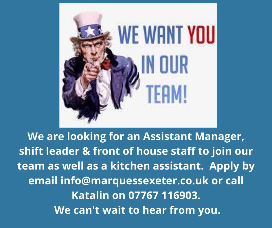 We're looking for an Assistant Manager, shift leader &amp; front of house staff to join our team as well as a kitchen assistant. Apply by email info@marquessexeter.co.uk or call Katalin on 07767 116903

#lyddington #uppingham #rutland #rutlandwater #stamford #kettering #corby #oakham