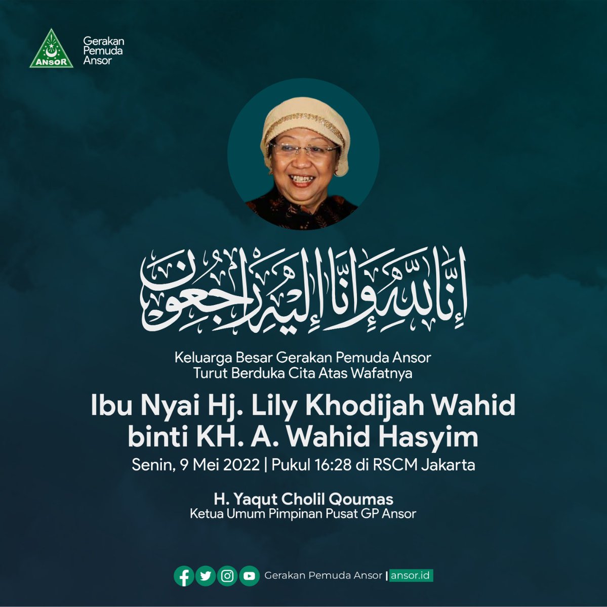 Official_Ansor's tweet photo. Innalillahi wa innalillahi roojiun.
Kami keluarga besar Gerakan Pemuda Ansor dan Banser turut berduka cita atas wafatnya Ibu Nyai Hj Lily Wahid binti KH Wahid Hasyim

Semoga Almarhumah husnul khotimah. Aamiin https://t.co/qeaCVZRdg8