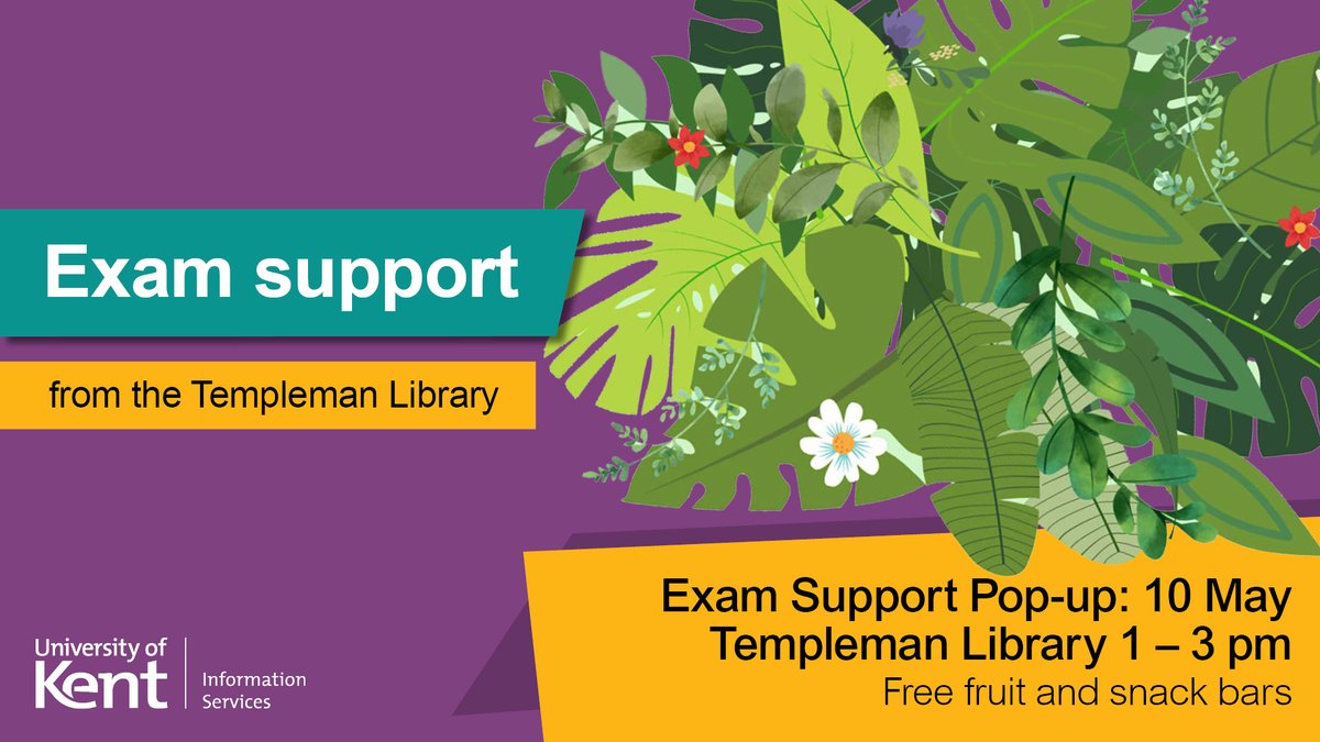 UniKentLibIT's tweet photo. Come to our Exam Support Pop-up in the Templeman Library 1-3pm, 10 May for expert help &amp; advice to help with your exams - plus free fruit and snack bars! https://t.co/oxyDzZdzza @KentUnion #ExamCalm #UniKentWellbeing https://t.co/vPrU6stjqG