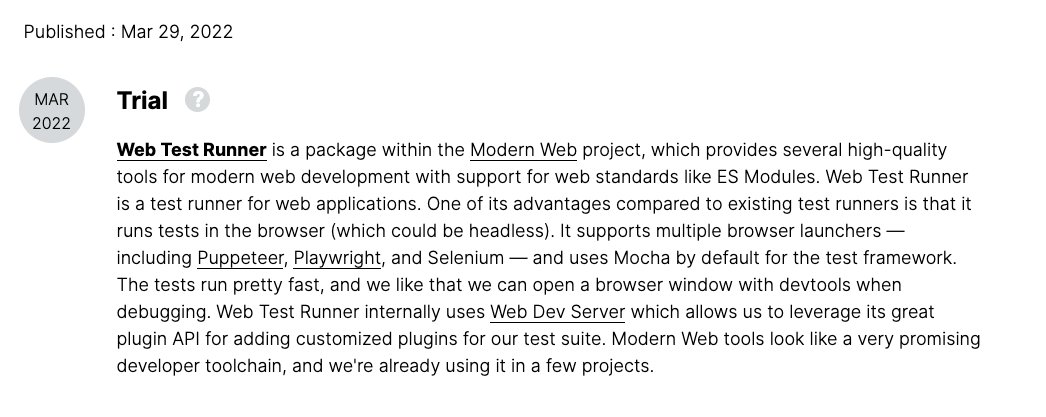 Modern Web (@modern_web_dev) on Twitter photo Web Test Runner has been added to <a href="/thoughtworks/">Thoughtworks</a> tech radar 🎉
"Web Test Runner is a package within the Modern Web project, which provides several high-quality tools for modern web development with support for web standards like ES Modules."
We agree 👍
thoughtworks.com/radar Web Test Runner has been added to <a href="/thoughtworks/">Thoughtworks</a> tech radar 🎉
"Web Test Runner is a package within the Modern Web project, which provides several high-quality tools for modern web development with support for web standards like ES Modules."
We agree 👍
thoughtworks.com/radar