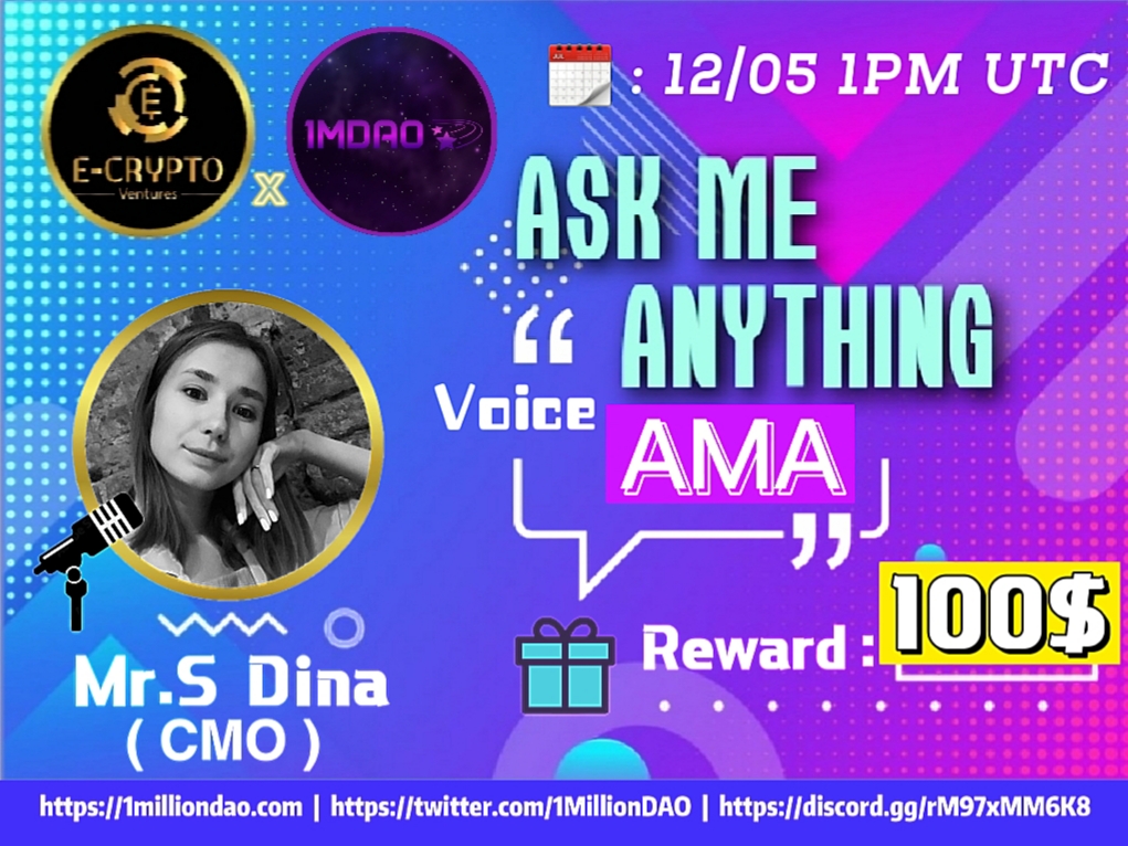Ecrypto VN (@ecrypto_vn) on Twitter photo We announce about AMA with
1MDAO
Prize: 100 USDT
Date: April 12, 2022
Time: 1:00 PM UTC --> 08:00 PM + 7 Viet Nam
Venue: t.me/Ecrypto_Ventur…
Rules:
1. Follow
<a href="/EcryptoVn_VT/">Ecrypto_ventures</a>
&
<a href="/1MillionDAO/">$OMD / 1MDAO / 1MDAO Fund / Metaverse</a>
2. Like Retweet & Comment Your Questions - Tag 3 friends. We announce about AMA with
1MDAO
Prize: 100 USDT
Date: April 12, 2022
Time: 1:00 PM UTC --> 08:00 PM + 7 Viet Nam
Venue: t.me/Ecrypto_Ventur…
Rules:
1. Follow
<a href="/EcryptoVn_VT/">Ecrypto_ventures</a>
&
<a href="/1MillionDAO/">$OMD / 1MDAO / 1MDAO Fund / Metaverse</a>
2. Like Retweet & Comment Your Questions - Tag 3 friends.