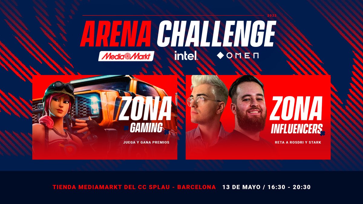 🔥¡Este viernes llega la #ArenaChallenge!🔥

¡Únete a <a href="/MediaMarktGames/">MediaMarkt Games</a>, <a href="/Intel_Spain/">Intel España</a> y <a href="/OMENbyHP_es/">OMEN España</a> y pasa una tarde increíble ocn premios y la oportunidad de conocer (y jugar contra) 
<a href="/iGeStarK/">StarK</a> y <a href="/Rosdri_Twitch/">Rosdri</a>!

📆13 de mayo
📍CC Splau, Barcelona
