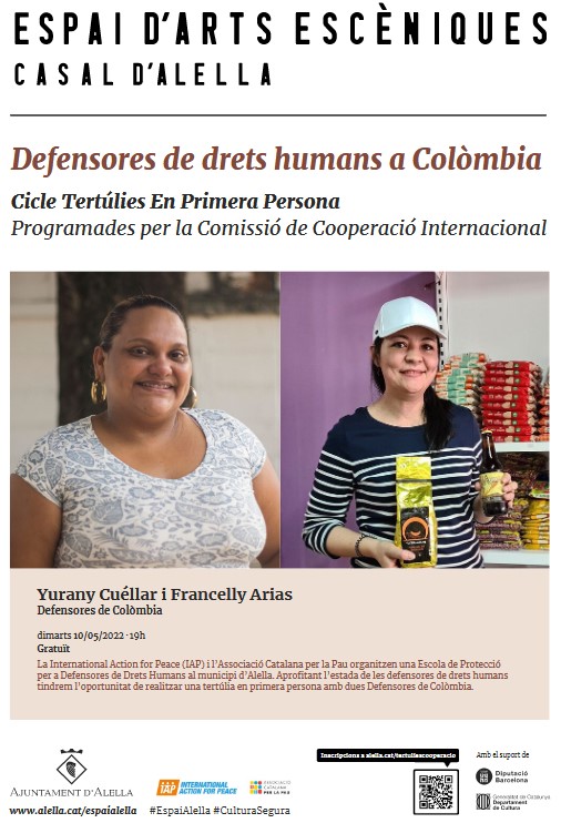 TaulaColombia's tweet photo. 🗓️ AVUI A LES 19h!
"Defensores de #ddhh a #Colòmbia al Casal d'Alella, amb YURANY CUELLAR i FRANCELLY ARIAS. En el marc de la #EscuelaDefensoras de @IAP_Colombia i @_acpau
#EspaiAlella #CulturaSegura https://t.co/e7qr67J2HB
