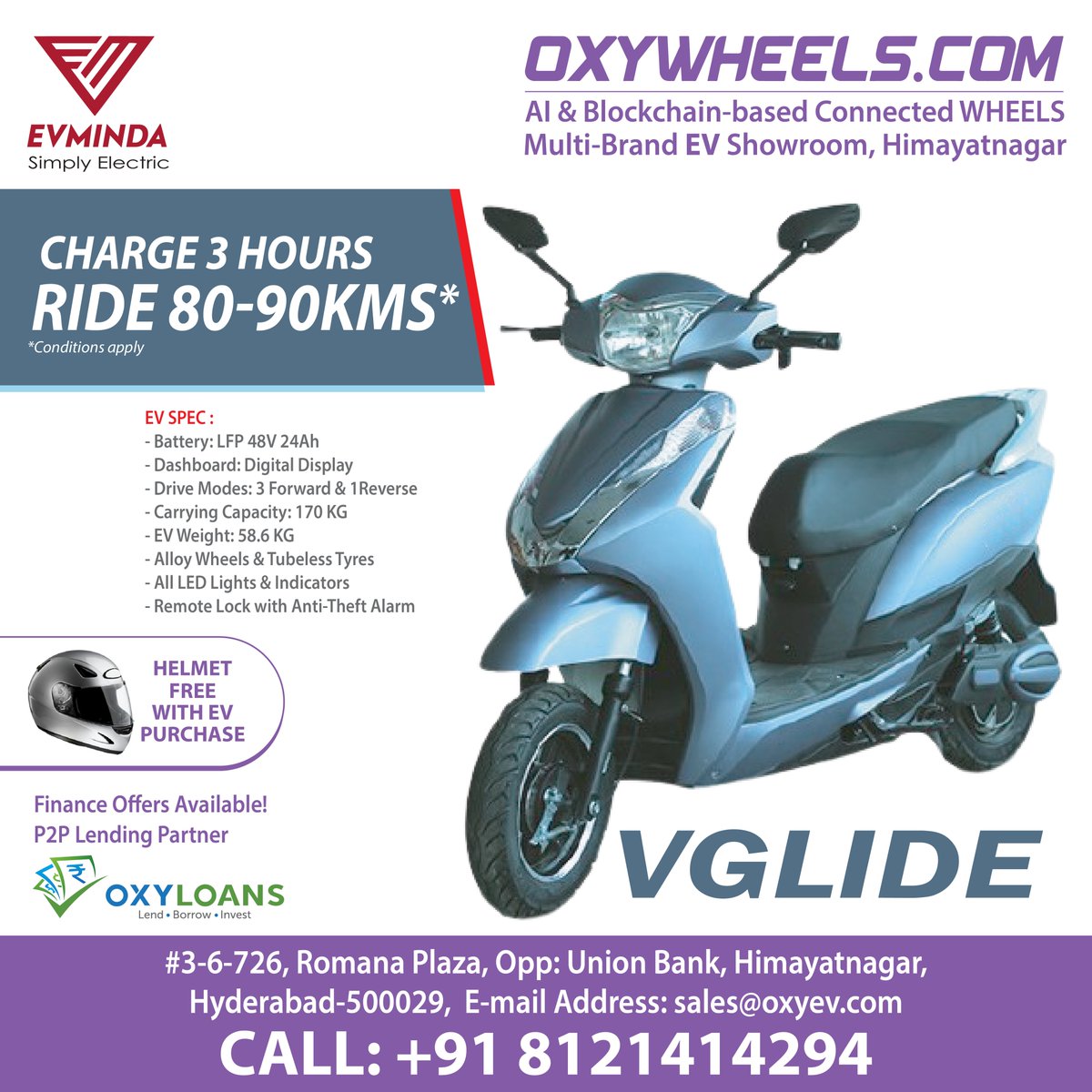 oxywheels's tweet photo. #OxyWheels Multi-Brand EV Showroom in Himayatnagar, Hyderabad.
#EVMINDA #Vglide EV with Top Speed 40km/hr 
Charge 3 Hours Ride 80-90* KMS
EV SPEC :
- Battery: LFP 48v 24Ah
- Front and Rear Disc/Drum Brakes
- Alloy Wheels &amp; Tubeless Tyres
- LED Headlight
CALL: +91-8121414294 https://t.co/huJo5PISh8