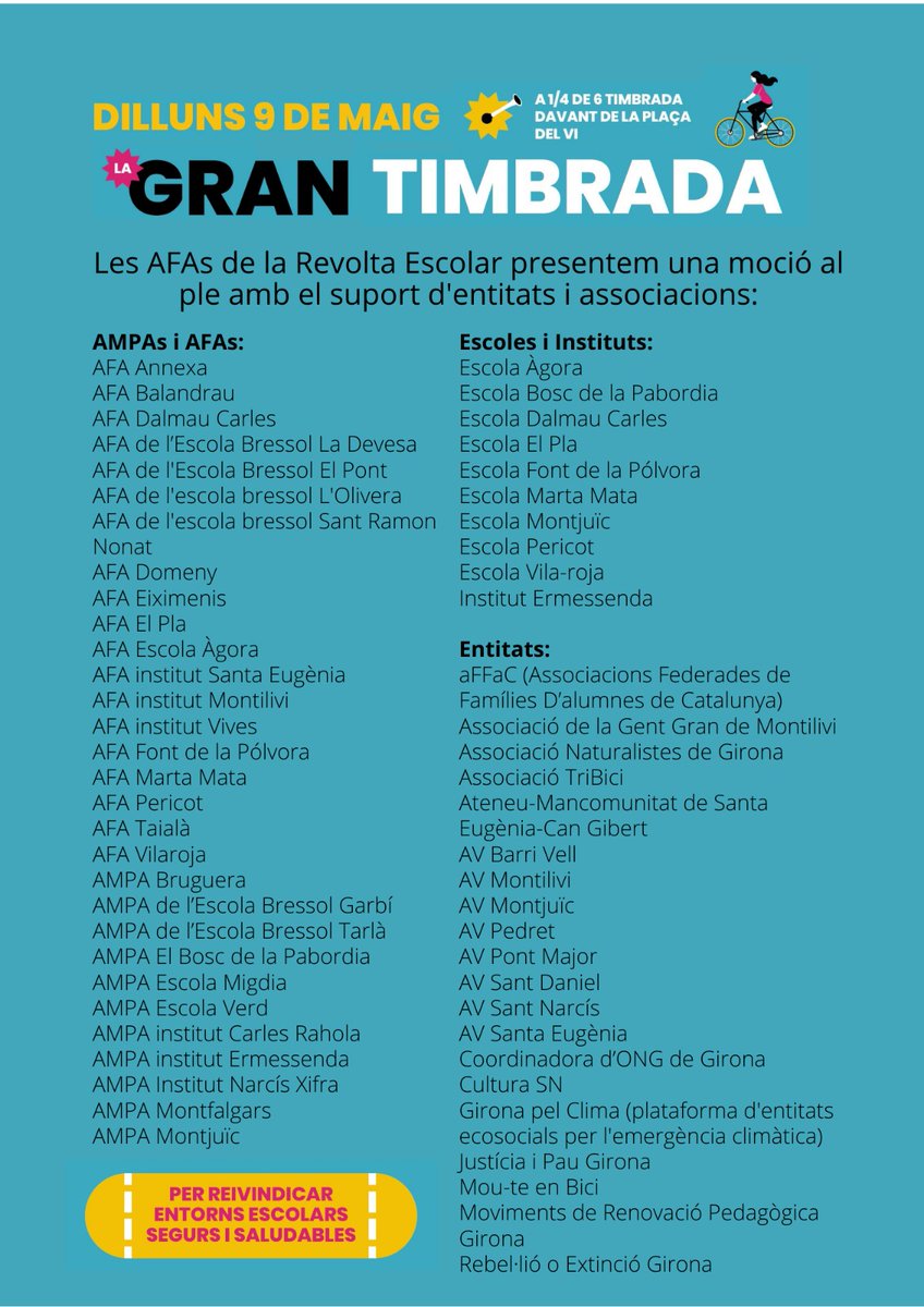 RevoltaEscolaGi's tweet photo. 🛎🚲Avui les nostres bicis faran fressa per reclamar una Girona lliure de cotxes!

1⃣8⃣ AFAs D'ESCOLES
6⃣ AFAs DE LLARS D'INFANTS
6️⃣ AFAs D'INSTITUTS
3⃣0⃣ ENTITATS I AAVVs DIVERSES

💪Sumem perquè @girona_cat aposti d'una vegada per uns entorns escolars segurs i saludables! https://t.co/COgFqgUR3f