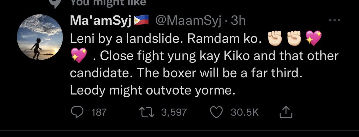 itsssssmebea's tweet photo. Ate? Excuse me po? Ang daming voters ni Mayor Isko. Nagrarally sya tapos si Leody? Parang ghost lang this election. Wag magpatalo sa โramdamโ lang. si Isko dinudmog ng press, habang leody at pacquiao waley. #SwitchToIsko
Stop the delusions. https://t.co/q5K5nVnPYm