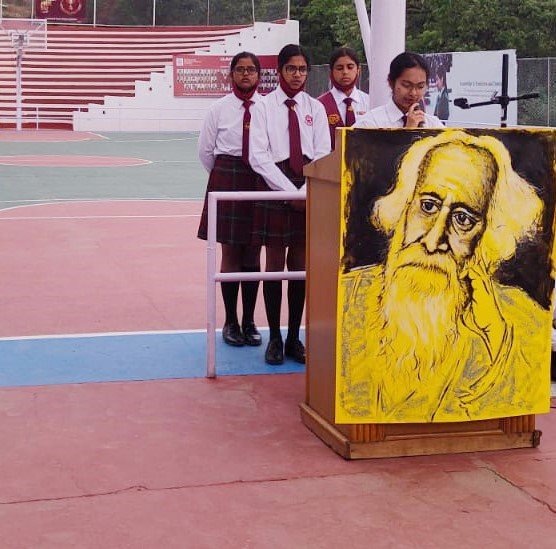 MussoorieS's tweet photo. #MIS remembered and pays tribute to the man, the legend, the visionary leader and poet who harmonized India's national anthem on his birth anniversary. 

#jaihind #rabindranathtagore #gurudev #mistars #girlsboardingschool #misindia #mussoorieinternationalschool https://t.co/EqYACOkBXr