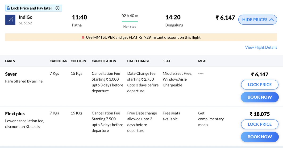 sumitskj's tweet photo. @IndiGo6E Should we pay 3 times the price of a normal ticket for getting free seat and meal. View the image. Normal ticket ~ 6k, Flexi ticket ~18k https://t.co/AOuYRdXJy7