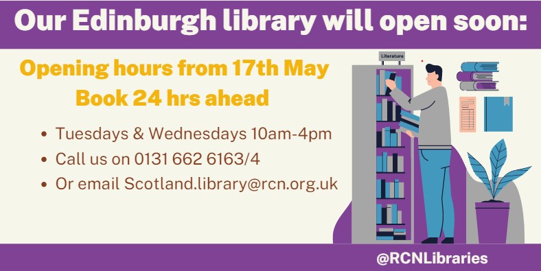 RCNLibraries's tweet photo. We're pleased to announce that as of next week our Edinburgh Library will reopen on Tuesdays & Wednesdays to members! Call๐or email๐ฉus to book ahead. We can't wait to see you๐ #YourRCNLibraries #RCNLibScot https://t.co/ws669ggxXt