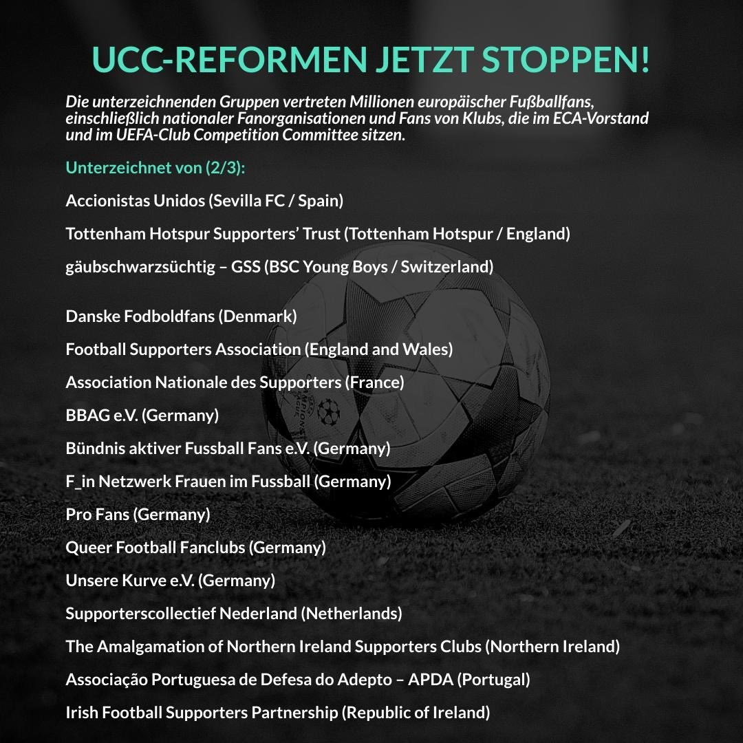 BAFF's tweet photo. UCC REFORMEN JETZT STOPPEN!
Offener Brief europäischer Fanorganisationen an @ECAEurope und @UEFAcom_de
#StopUCLReforms #StopUCLReforms https://t.co/65XcEUYOTg