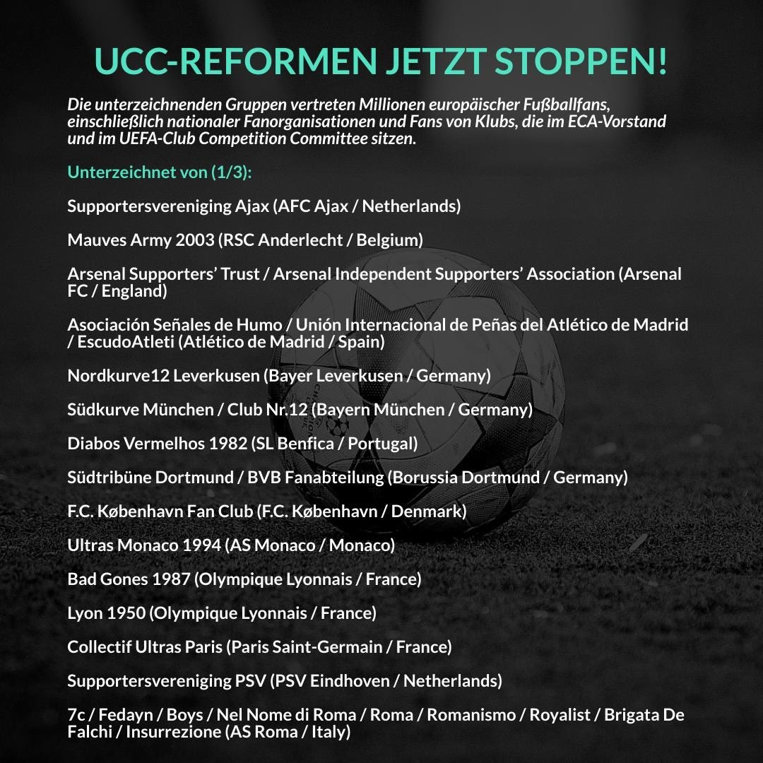BAFF's tweet photo. UCC REFORMEN JETZT STOPPEN!
Offener Brief europäischer Fanorganisationen an @ECAEurope und @UEFAcom_de
#StopUCLReforms #StopUCLReforms https://t.co/65XcEUYOTg