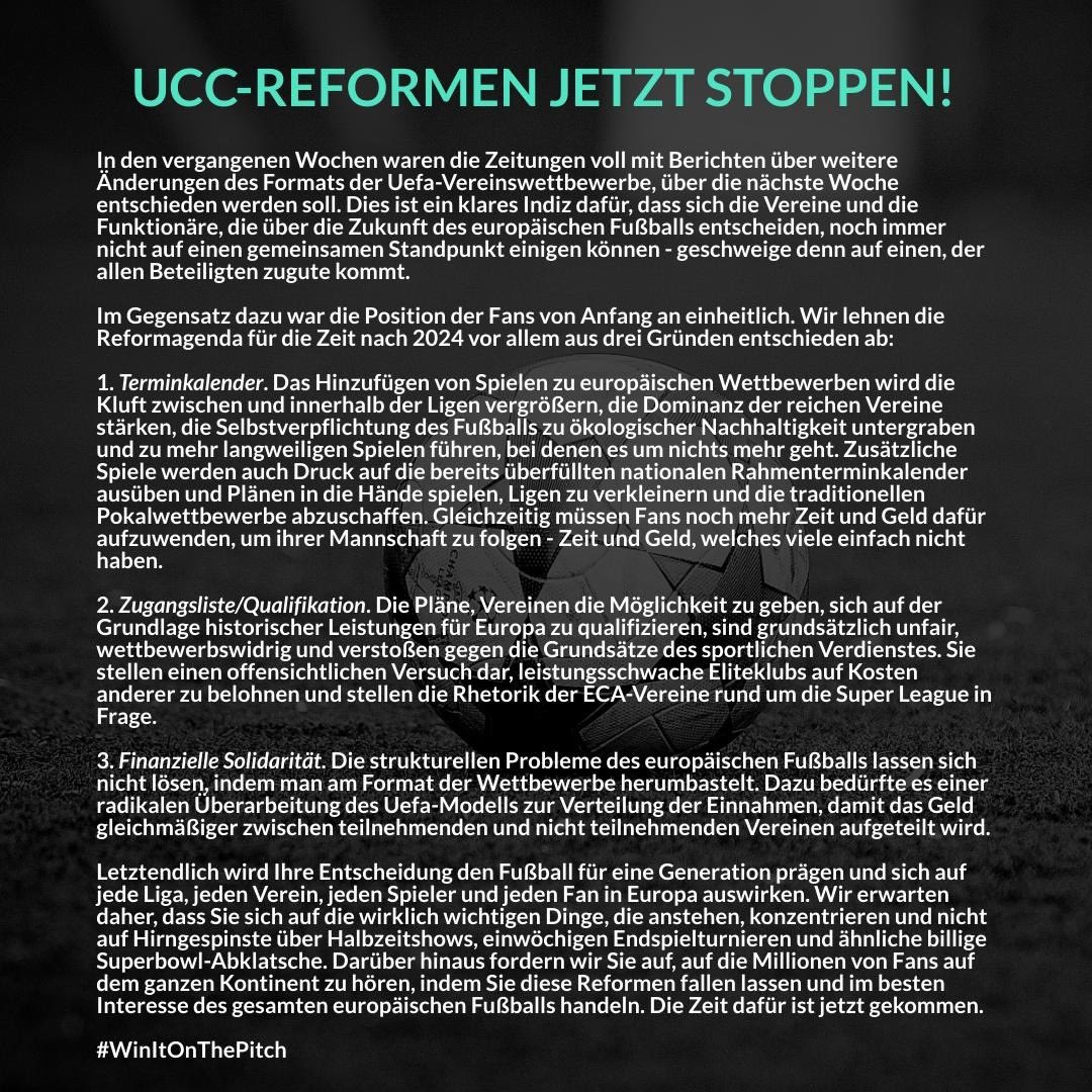 BAFF's tweet photo. UCC REFORMEN JETZT STOPPEN!
Offener Brief europäischer Fanorganisationen an @ECAEurope und @UEFAcom_de
#StopUCLReforms #StopUCLReforms https://t.co/65XcEUYOTg