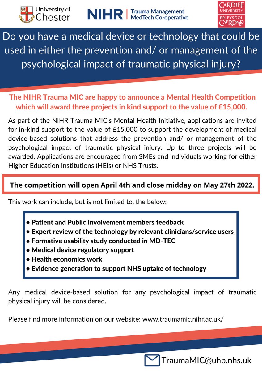 DDRHRC's tweet photo. Are you developing a #MedicalDevice/ #MedicalTechnology for the prevention and/or management of the #psychological impact of traumatic physical injury?

Submit your application for @NIHRTraumaMIC support to our #MentalHealth competition now!

👉https://t.co/afHFf0IIh6 https://t.co/v6lKdNojg7