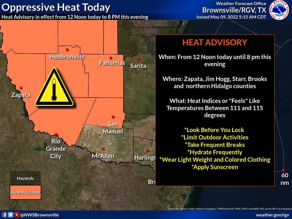 NWSBrownsville's tweet photo. A Heat Advisory is in effect for Zapata, Jim Hogg, Brooks, Starr and northern Hidalgo counties from 12 noon today through 8 pm this evening. Hot temperatures and high humidity may cause heat illnesses to occur.  #rgv #rgvwx #txwx https://t.co/ynqWticvdh